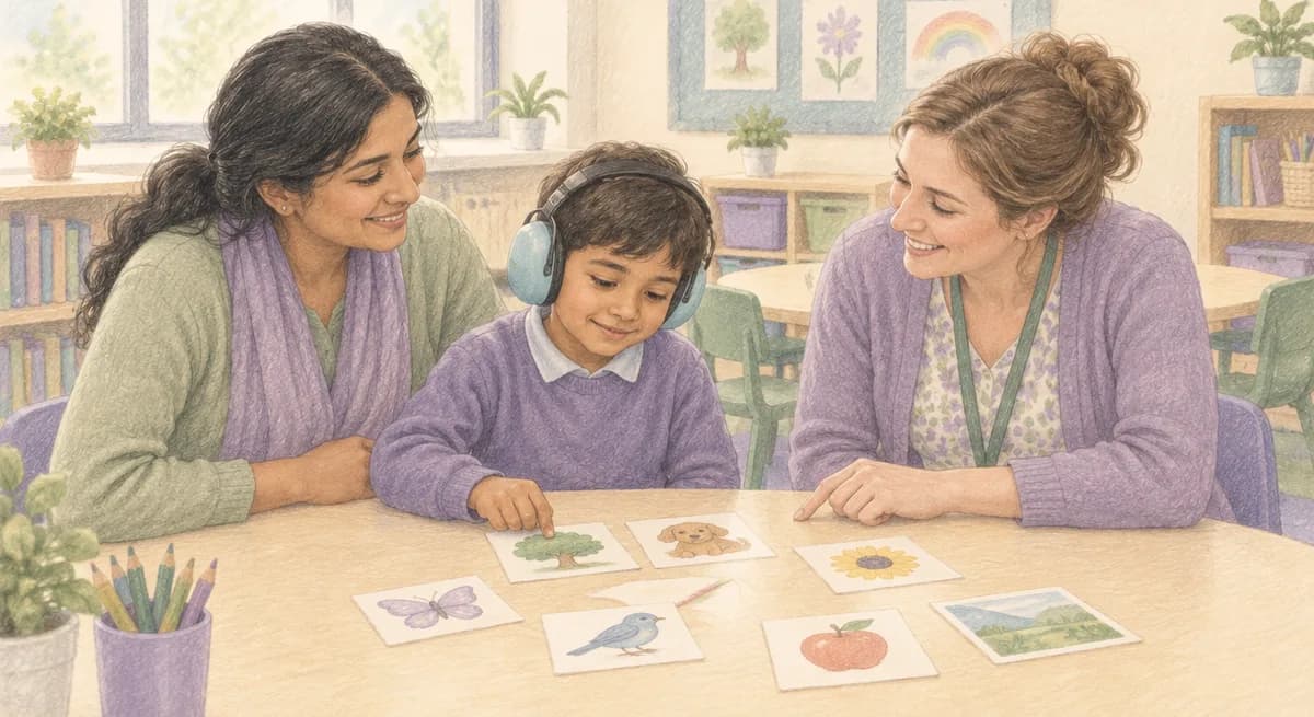 A mother and her son, who wears ear defenders, sort picture cards with a teacher at a classroom table