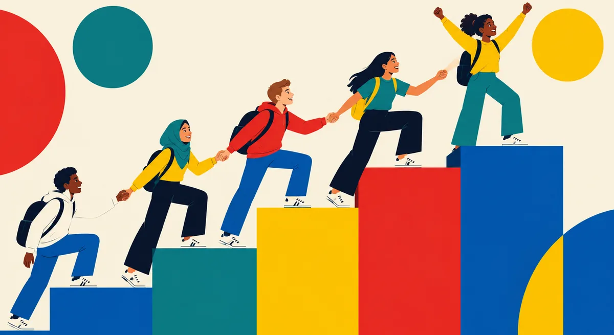 Five students helping each other up a row of coloured blocks that rise like a bar chart
