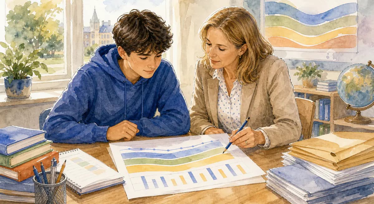 A student reviewing exam grades in England