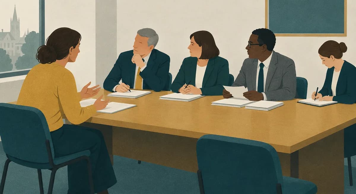 A parent presenting her case to an appeal panel seated at a long table