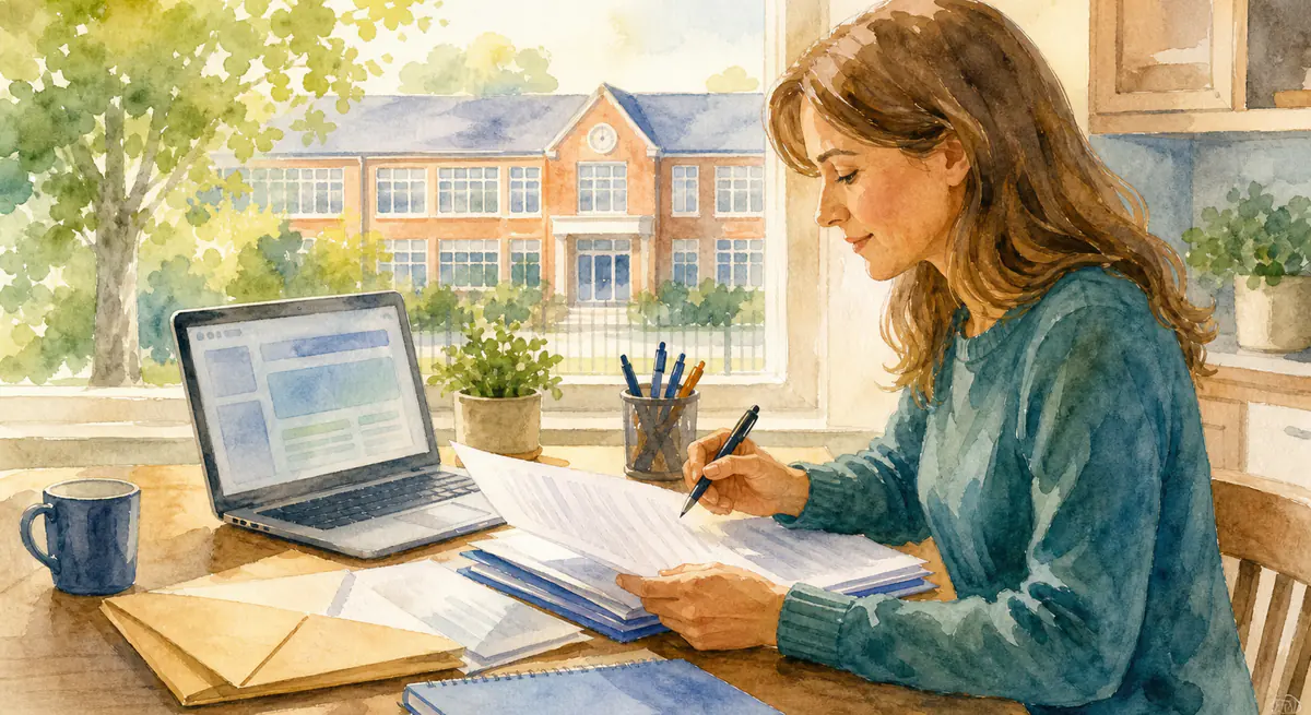 A parent preparing paperwork for a school admission appeal in England