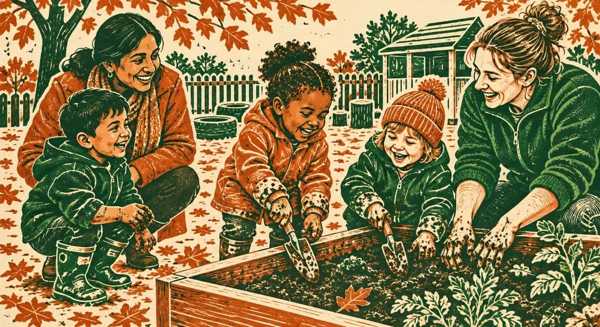 Two adults and three young children in coats and wellies dig in a raised planting bed in an autumn nursery garden