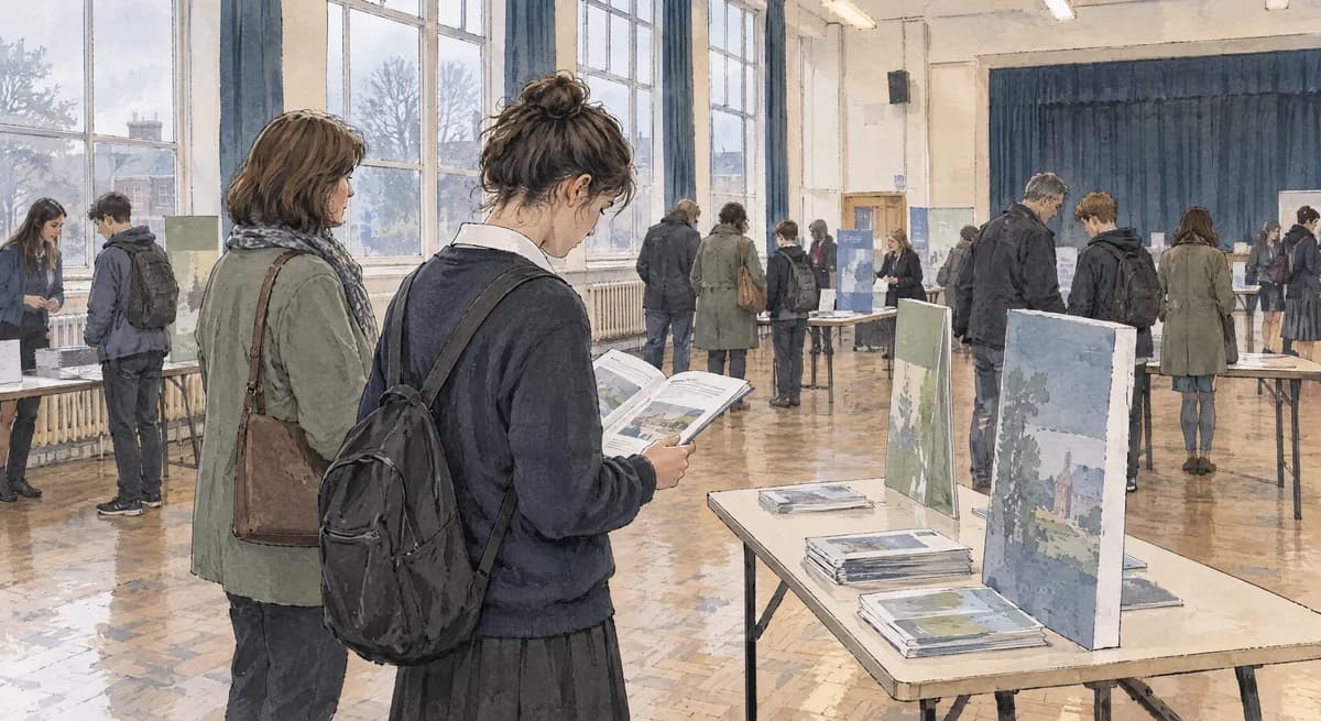 A student reads a course booklet at a sixth form open evening in a school hall while a parent looks at another stand