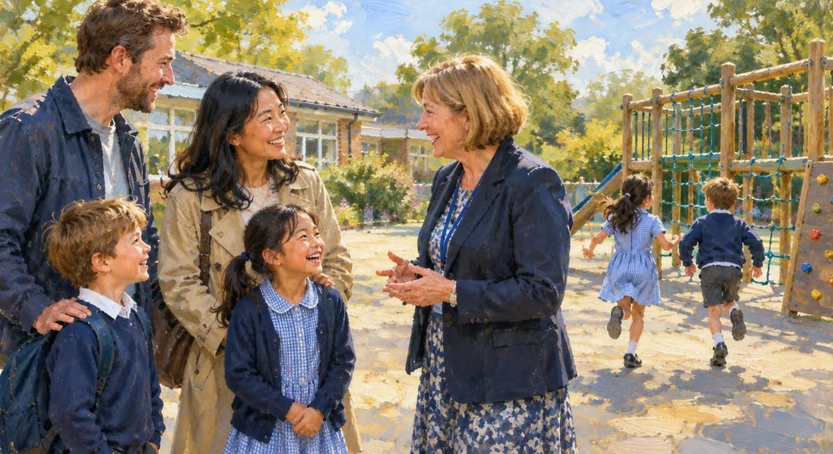 Parents and two young children talking with a teacher in a primary school playground