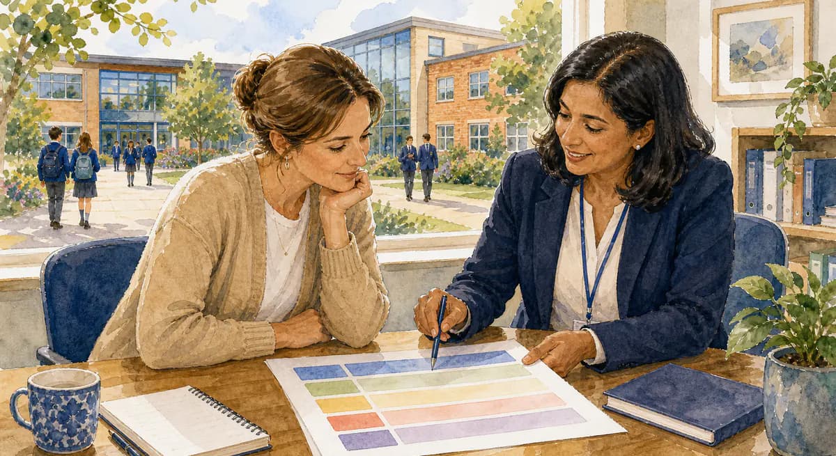 A parent reading an Ofsted report card while choosing a school in England