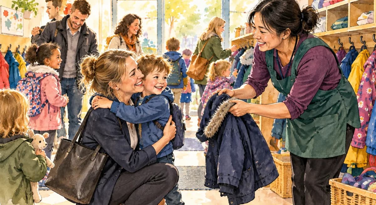 A mother hugs her son in a busy nursery cloakroom as a practitioner holds his coat, with other families arriving behind