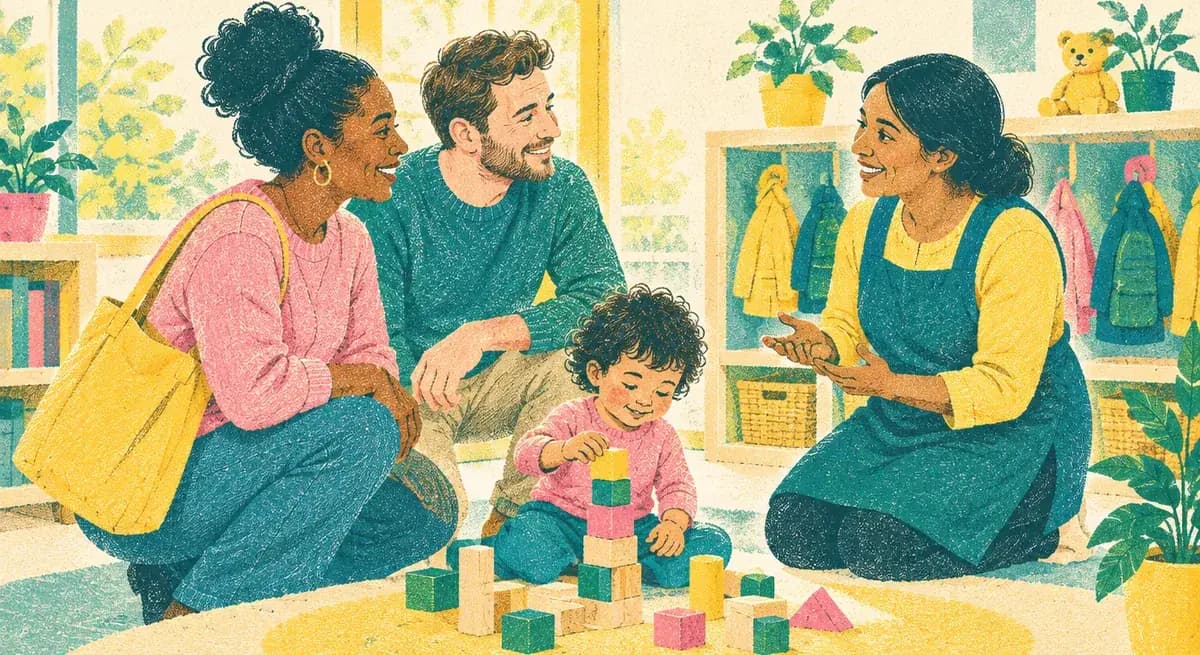 Two parents kneel on a playroom floor talking with a nursery practitioner while their toddler stacks wooden blocks