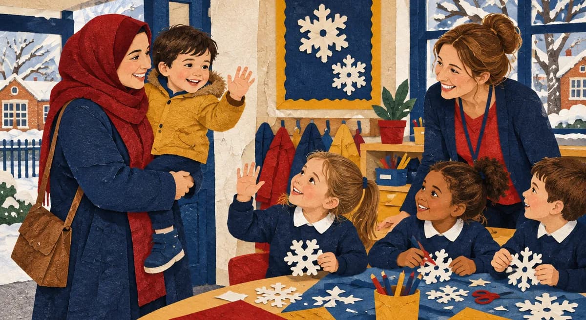 A parent holding a toddler visits a Reception class where children are making paper snowflakes