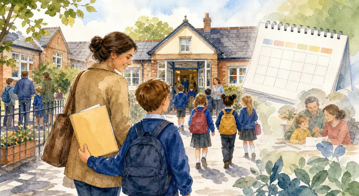 Young children arriving at a primary school in England
