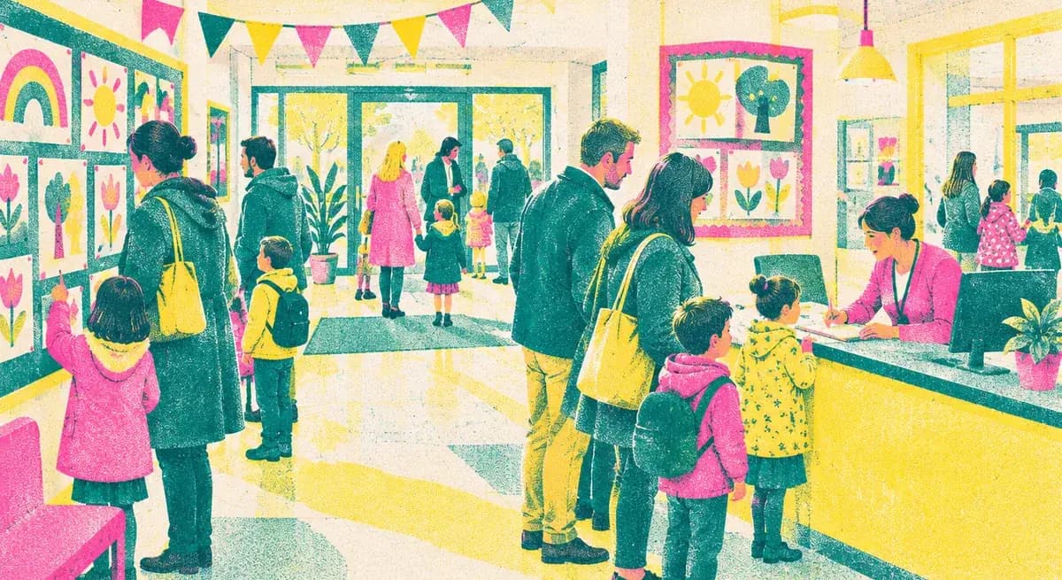Parents and young children waiting at the reception desk of a primary school