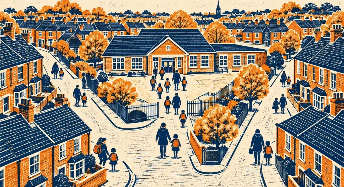 Families walking to a primary school along the terraced streets around it
