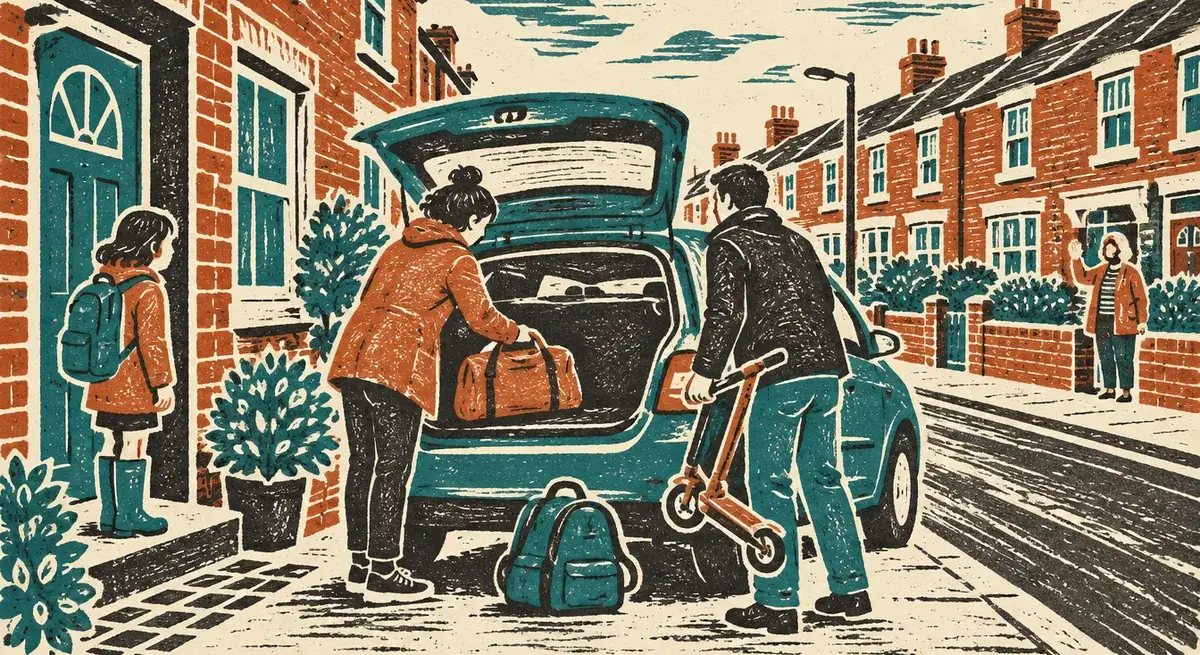 A family packing bags and a scooter into a car boot outside their terraced house