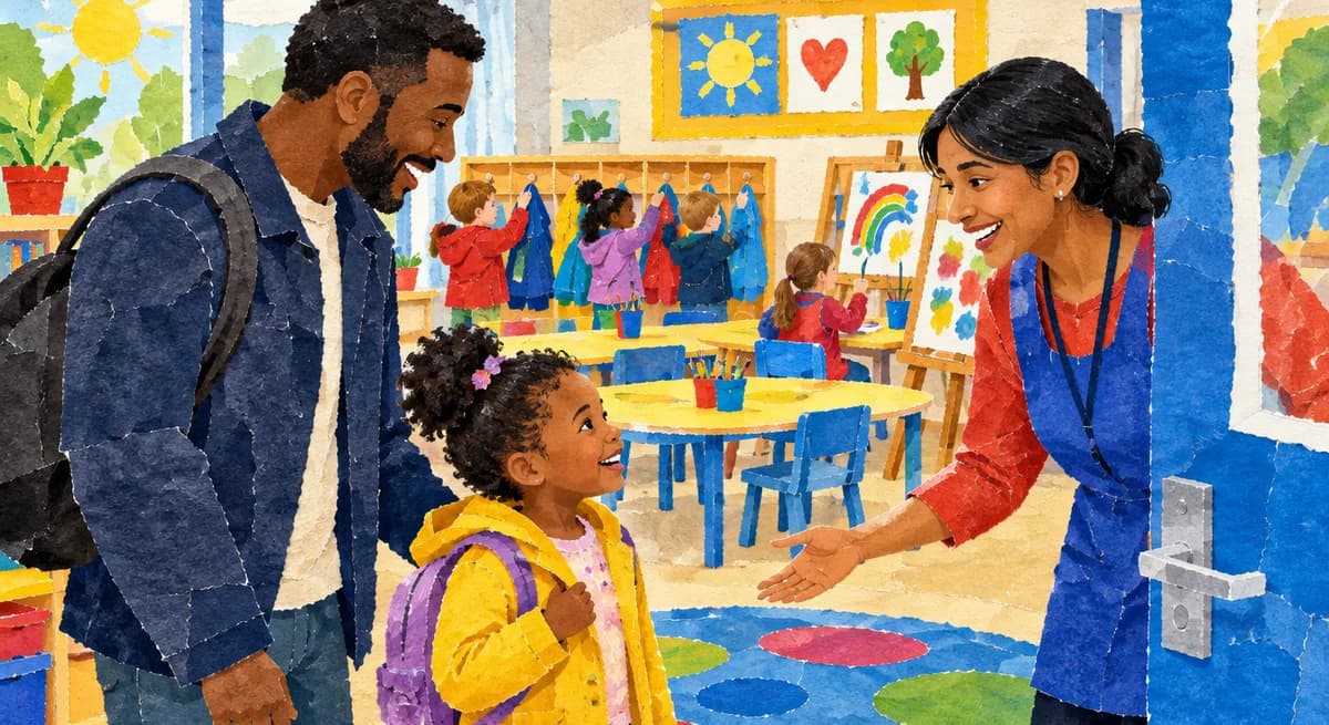 A nursery teacher welcomes a father and his daughter at a classroom door while children inside hang up coats and paint