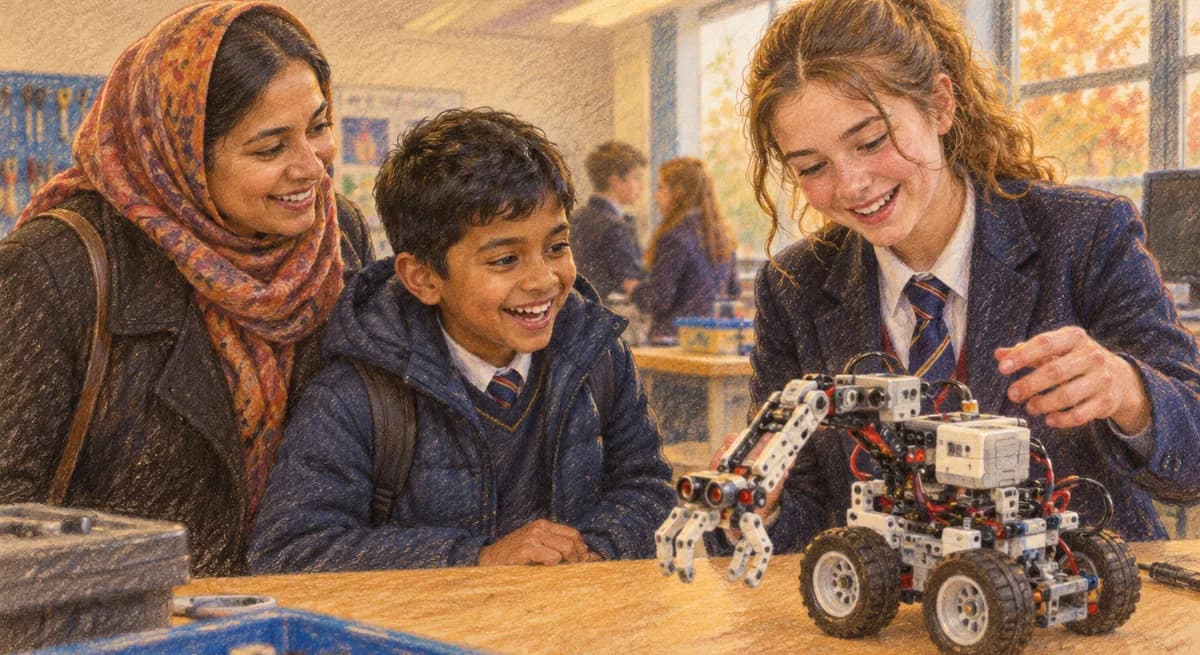 A parent and a younger boy watch a secondary school pupil build a robot in a classroom
