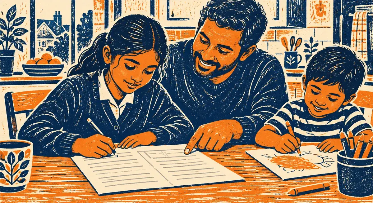 A father helps his daughter with a practice paper at the kitchen table while her younger brother draws