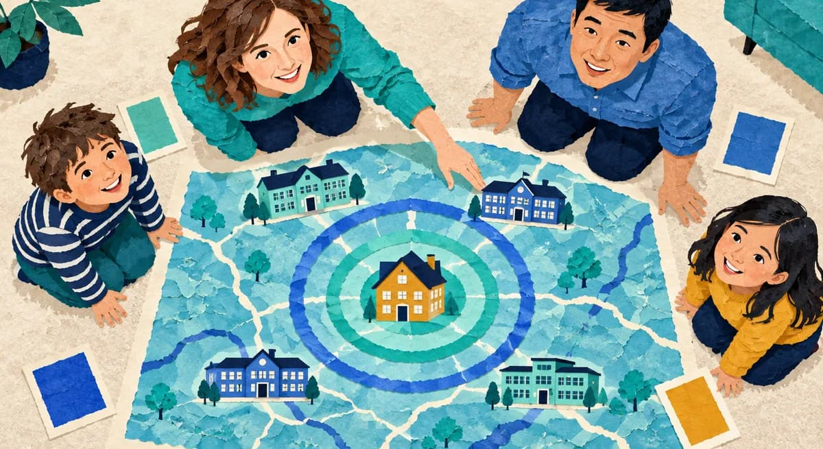 A family kneeling around a large map with schools marked around their home