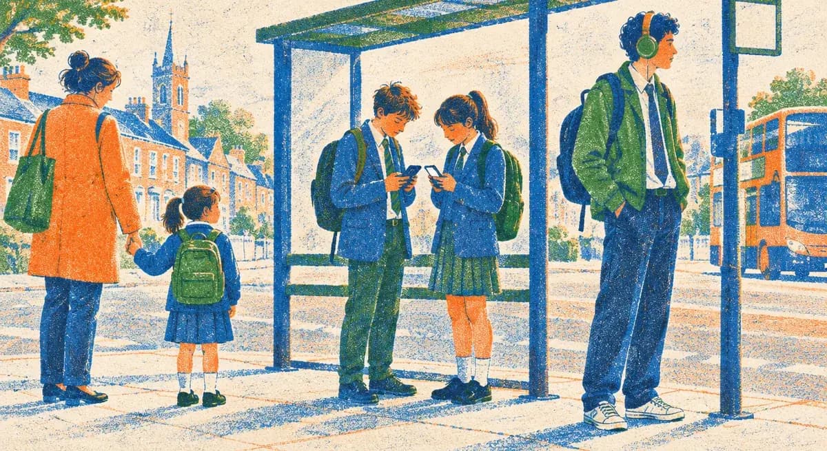 Children of different ages waiting at a bus stop, from a young girl with her parent to secondary school students