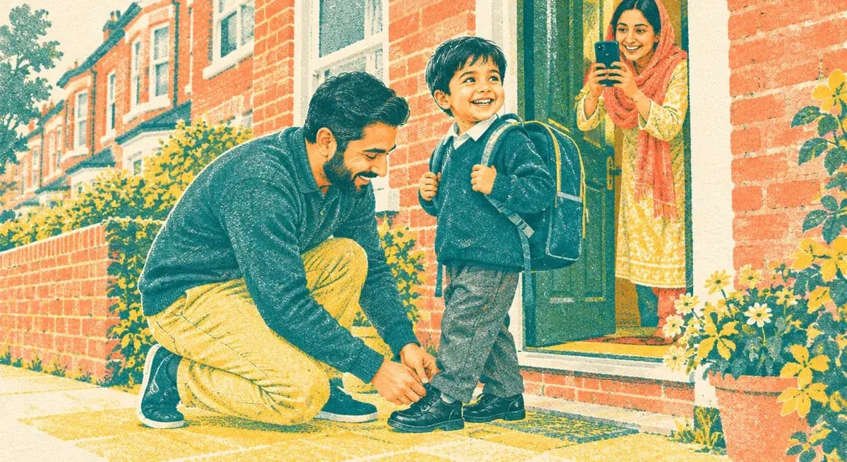 A father ties his son's shoe on the first day of school while the boy's mother takes a photo from the doorway