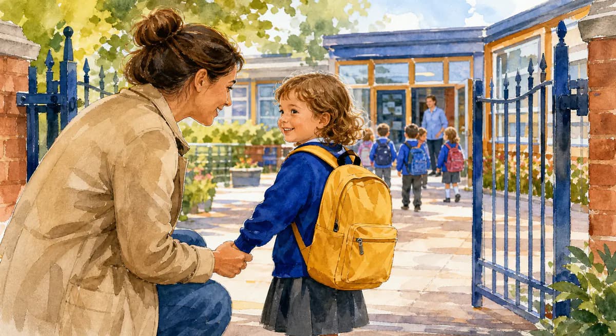 A young child starting their first day at a primary school in England